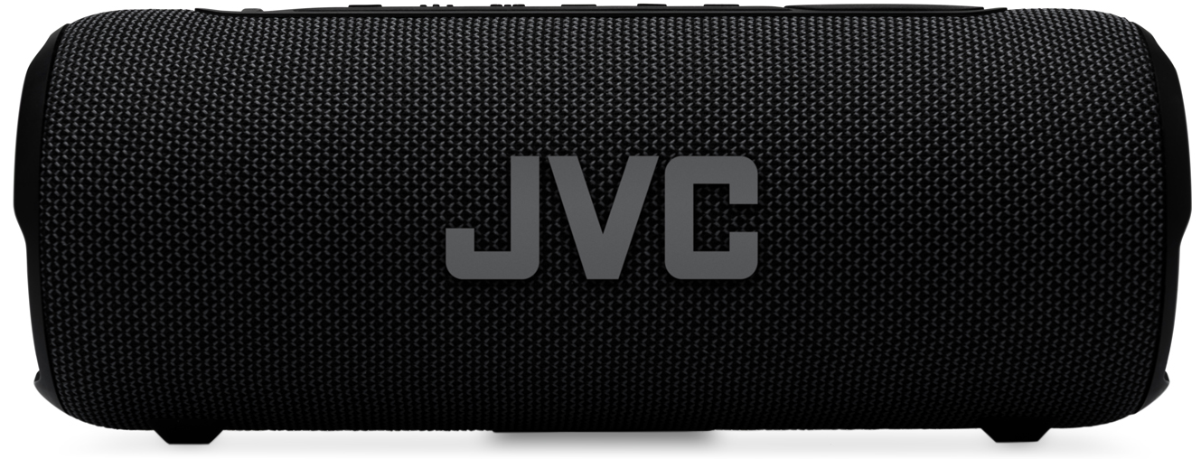 Fekete, hengeres alakú JVC Bluetooth hangszóró szövetborítással.