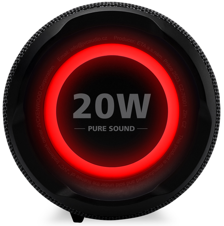 Felnagyított felülnézet egy fekete, kerek hangszóróról, világító piros körrel és a 20W PURE SOUND felirattal középen.