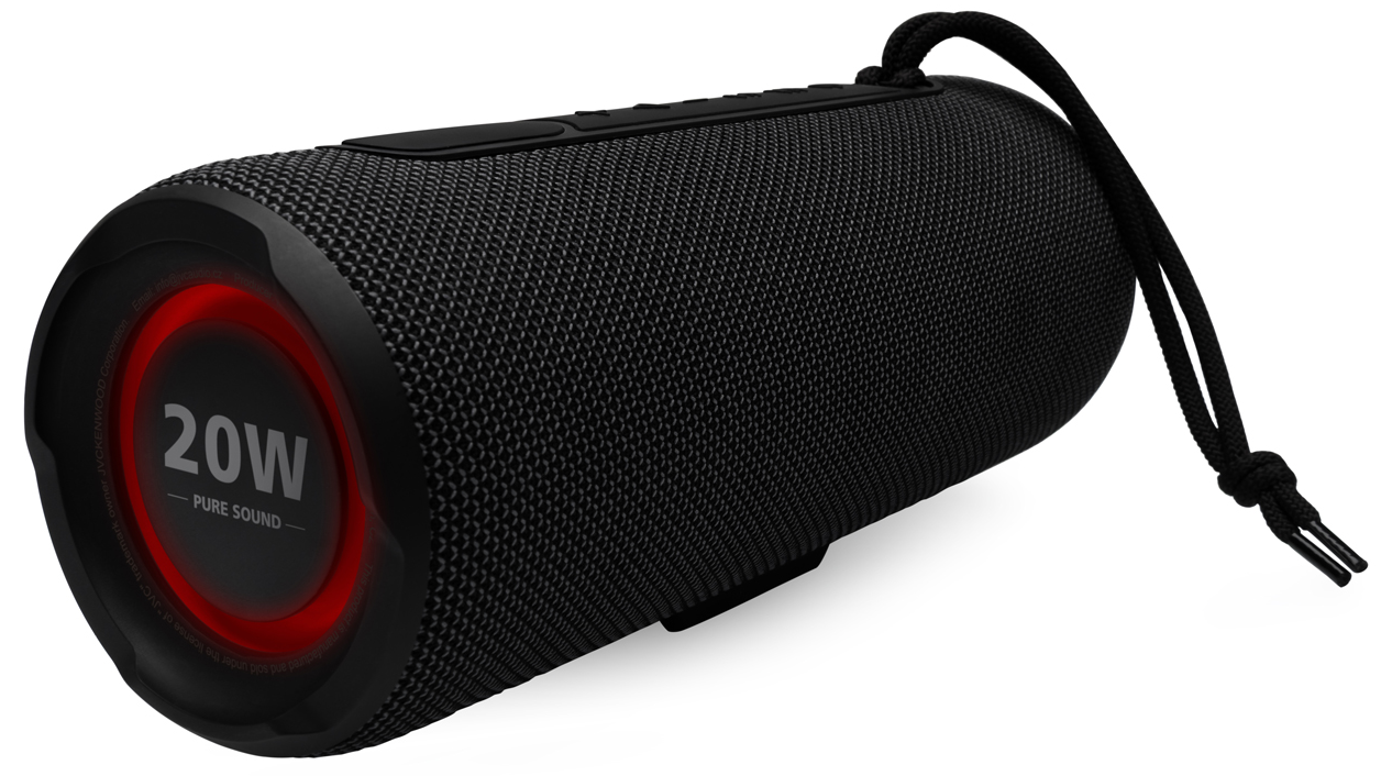 Hengeres fekete hangszóró piros izzó gyűrűvel és 20W PURE SOUND felirattal, fehér háttér előtt.