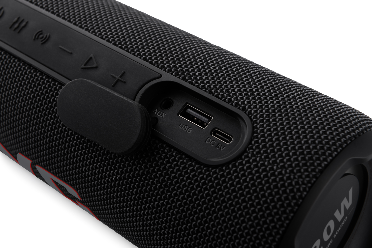 Fekete Bluetooth hangszóró AUX, USB és USB-C portokkal.