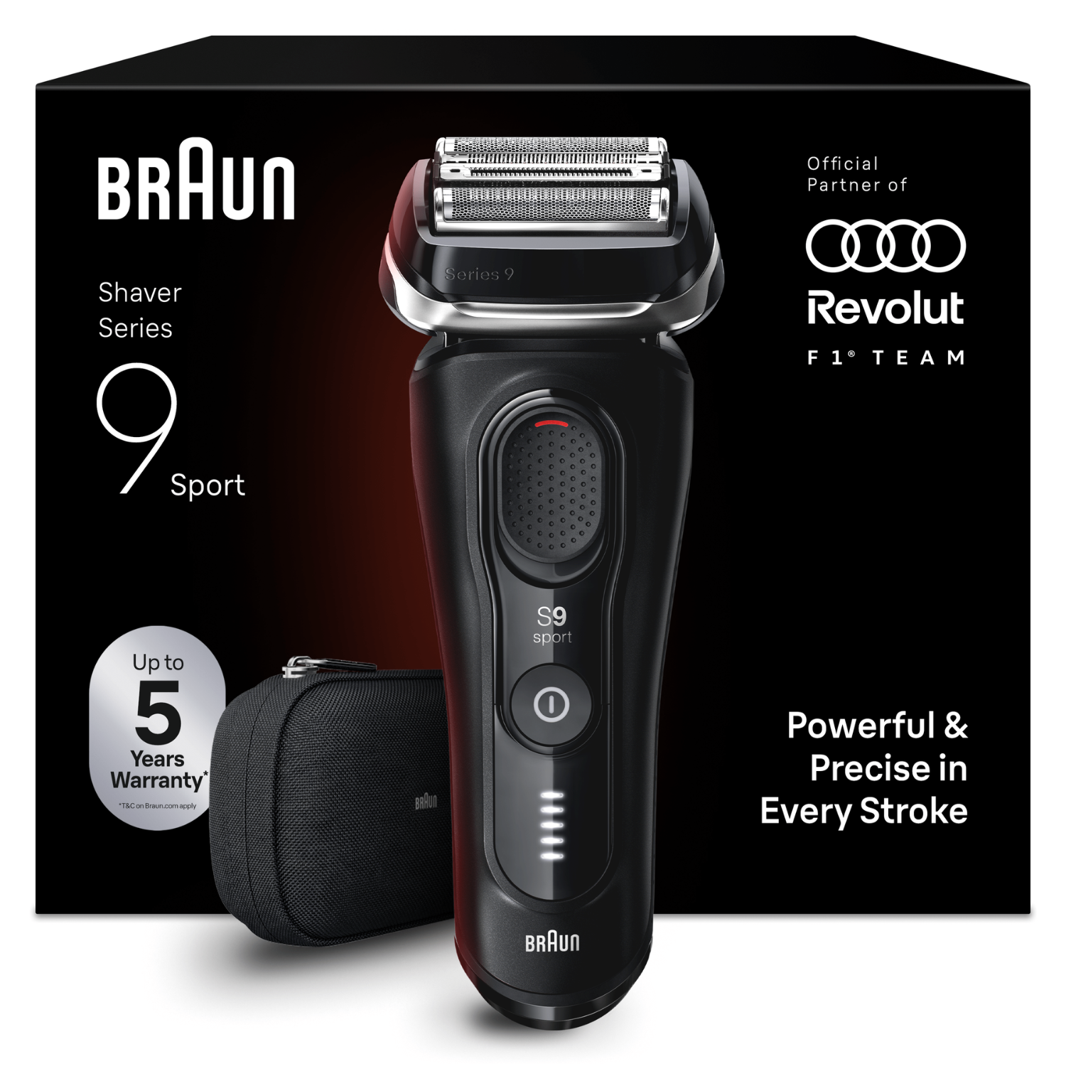 Afeitadora negra Braun Series 9 Sport con estuche frente a una caja con texto y logos.