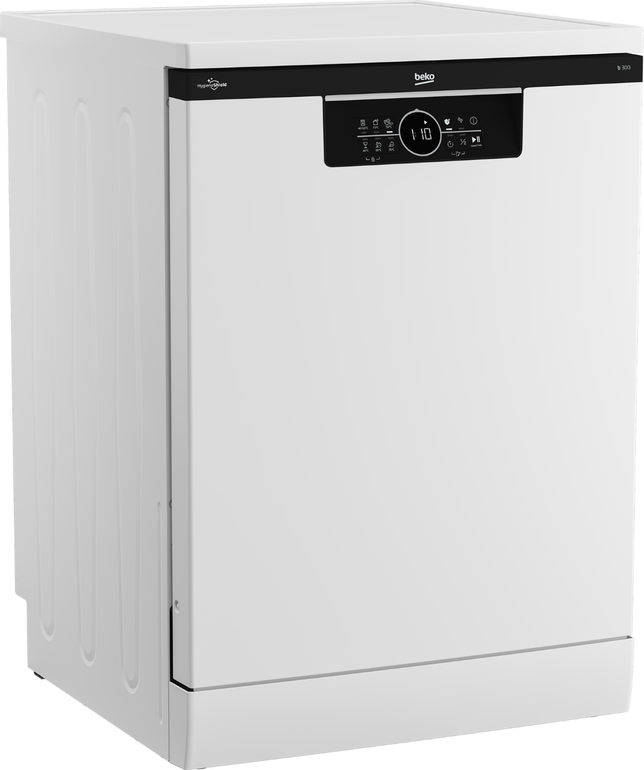 Un lavavajillas blanco Beko con panel de control negro y pantalla digital, sobre fondo liso.