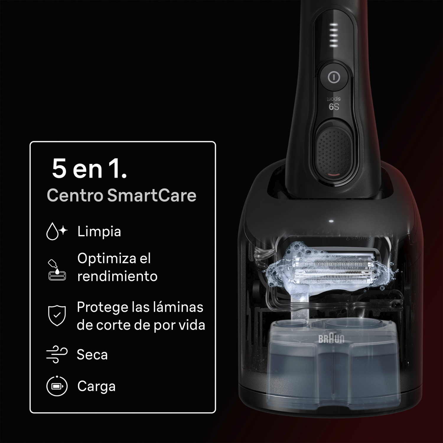 5 en 1. Centro SmartCare. Limpia. Optimiza el rendimiento. Protege las láminas de corte de por vida. Seca. Carga.  