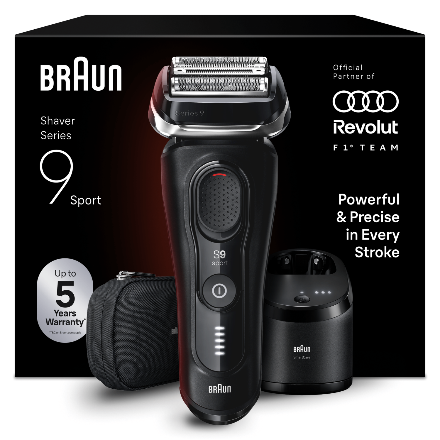 Afeitadora negra Braun Series 9 Sport frente a su empaque con estuche y base de carga.