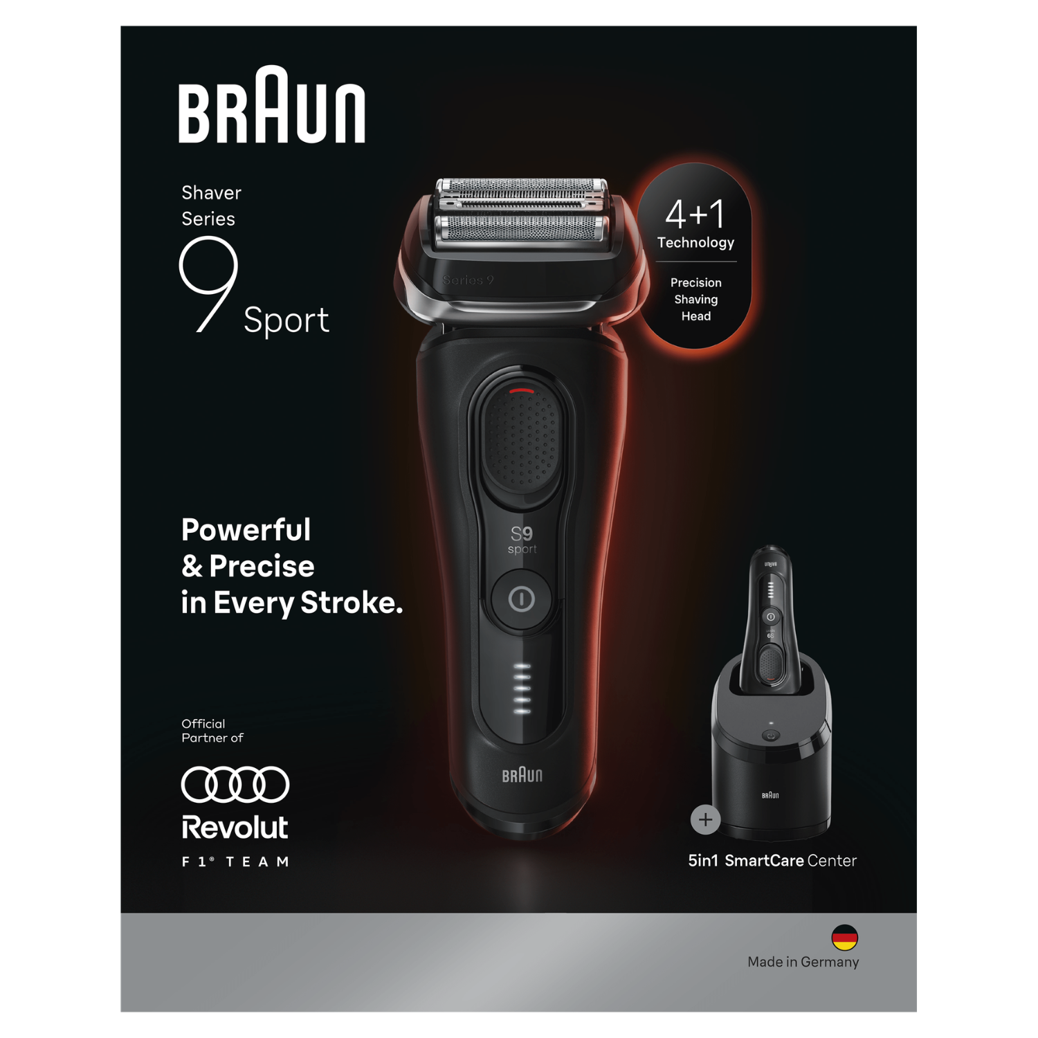 Afeitadora Braun Series 9 Sport con accesorios y texto sobre fondo oscuro.