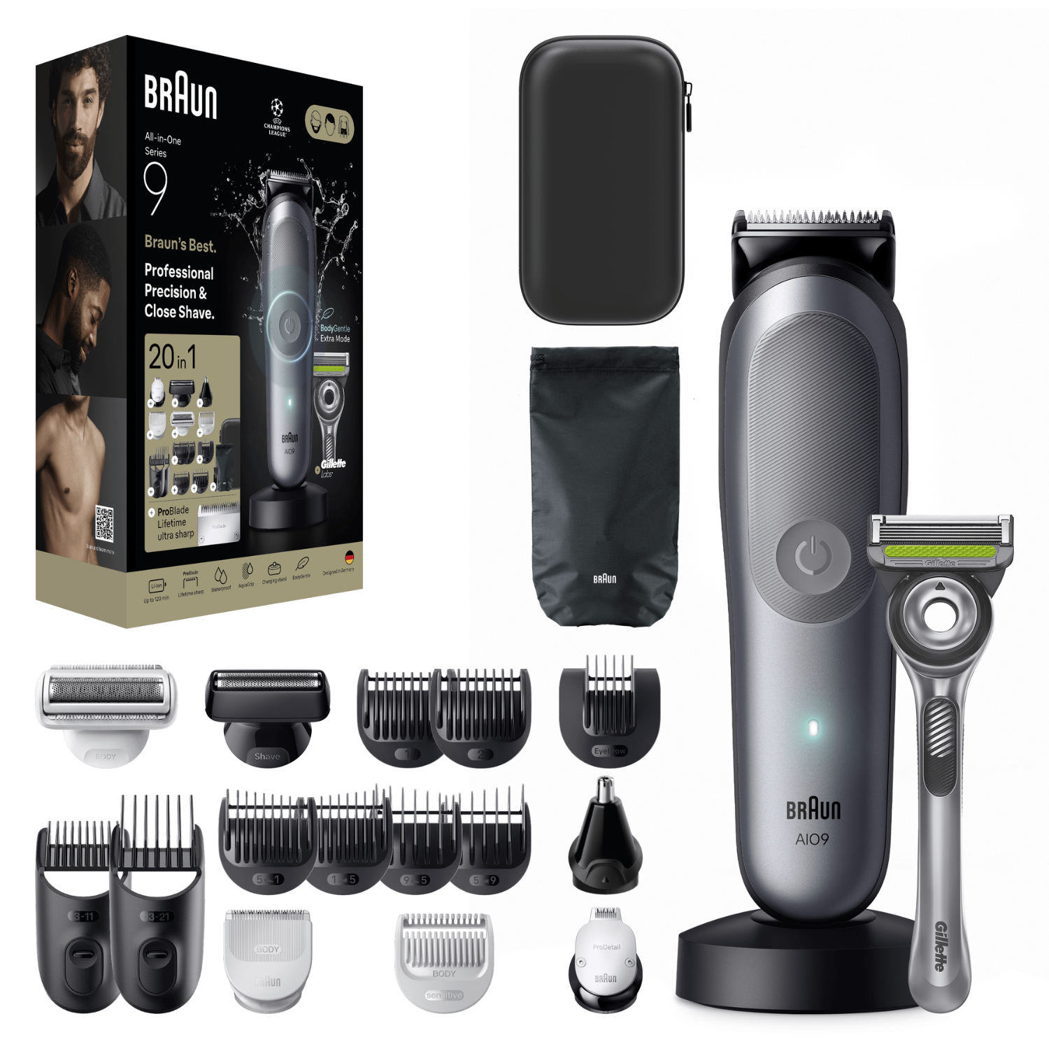 Recortadora Braun All-in-One Serie 9 con accesorios, estuche, funda y caja.