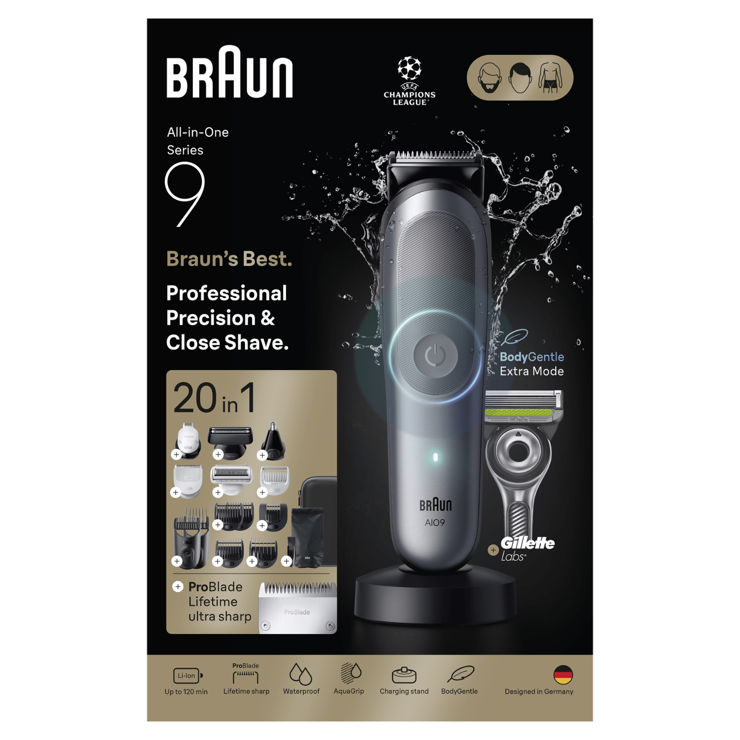 Recortadora Braun All-in-One Series 9 con accesorios sobre fondo negro.