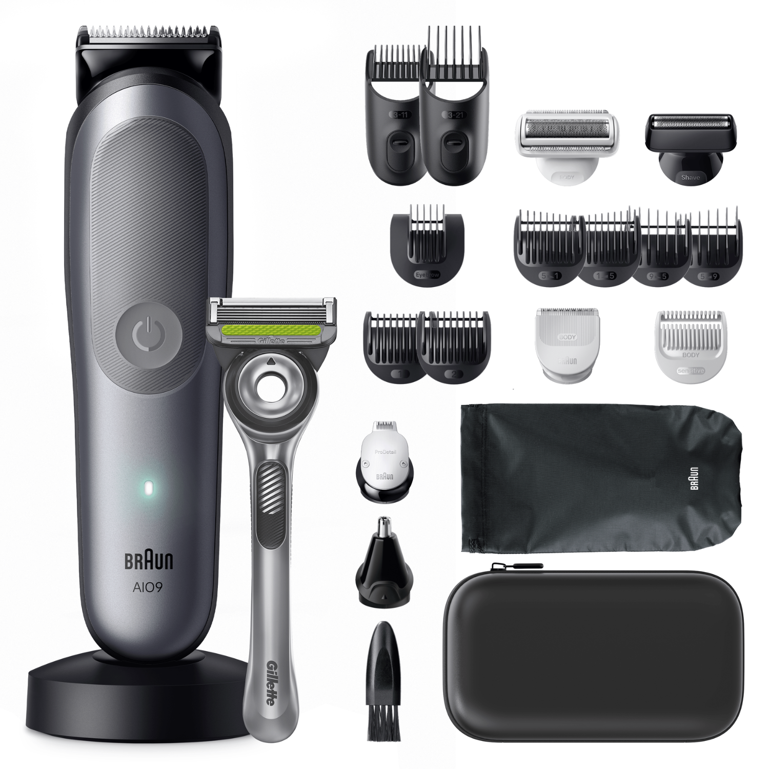 Recortadora Braun y maquinilla Gillette con accesorios, peines y dos estuches negros sobre fondo blanco.