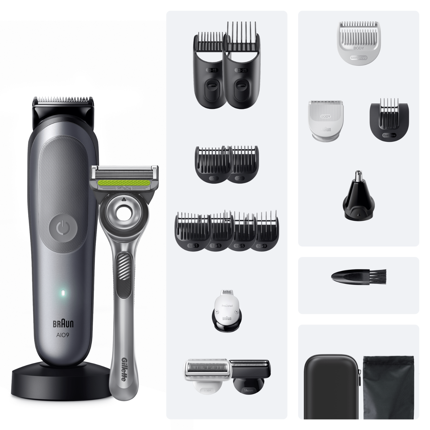 Recortadora Braun gris con maquinilla Gillette y varios accesorios sobre fondo blanco.