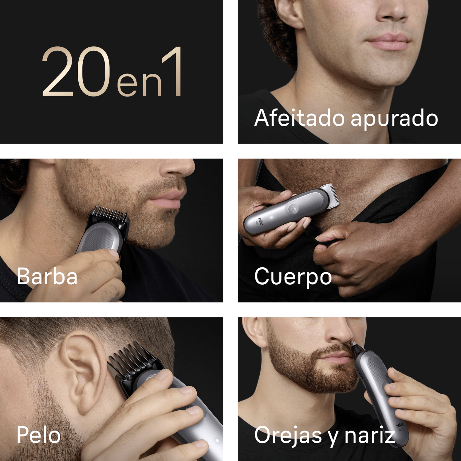 20 en 1. Afeitado apurado. Barba. Cuerpo. Pelo. Orejas y nariz.