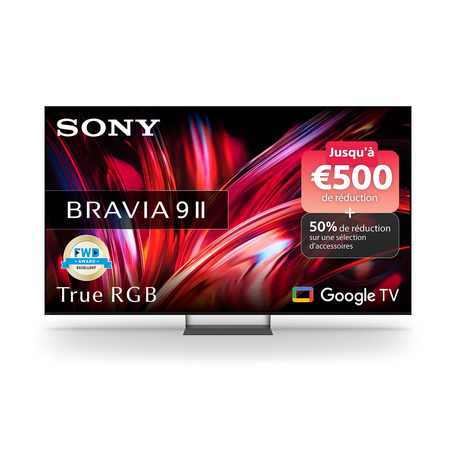 Un téléviseur Sony Bravia 9 II affichant une bannière promotionnelle de 500 euros de réduction.