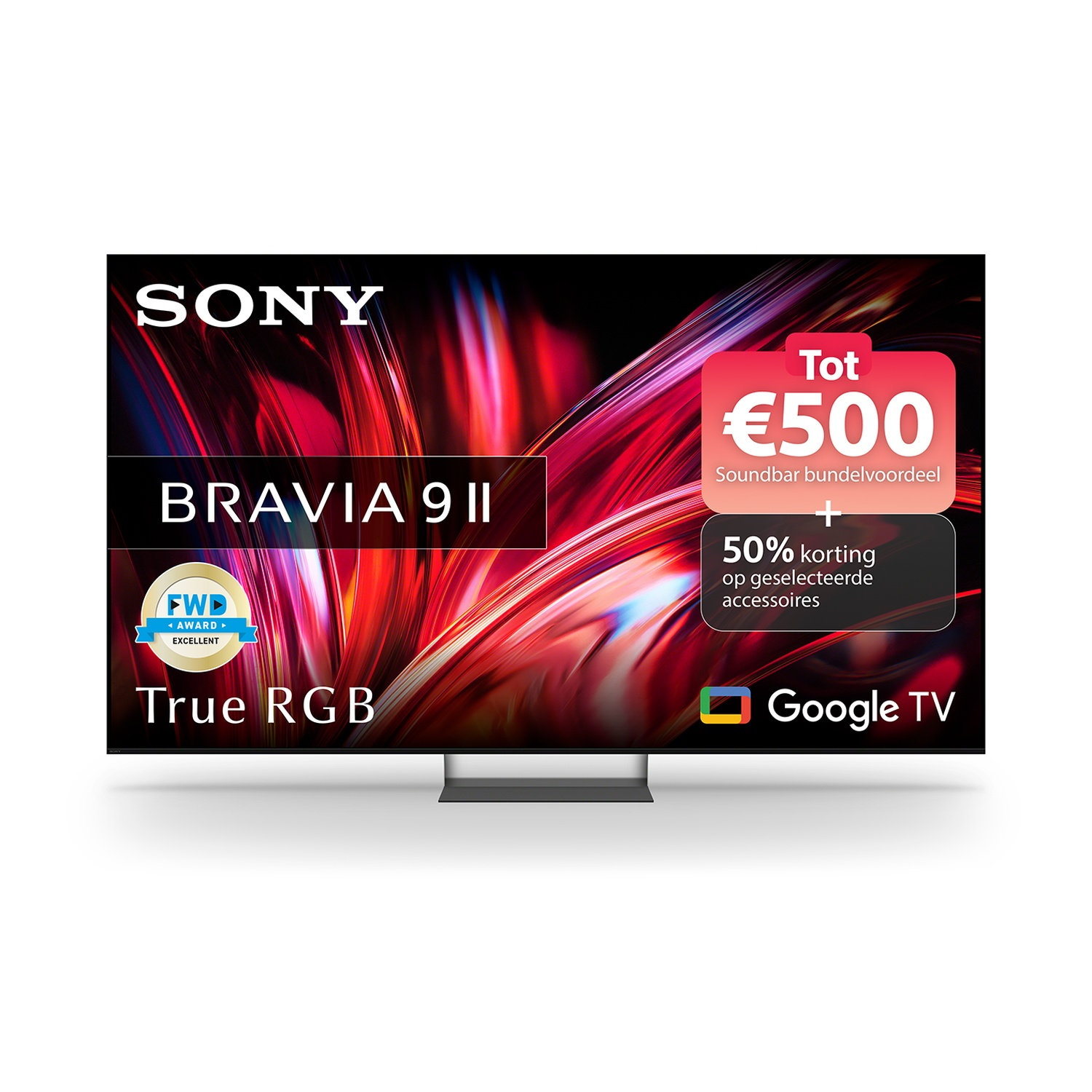 Sony Bravia 9 II television displaying red abstract background with promotional bundle text.