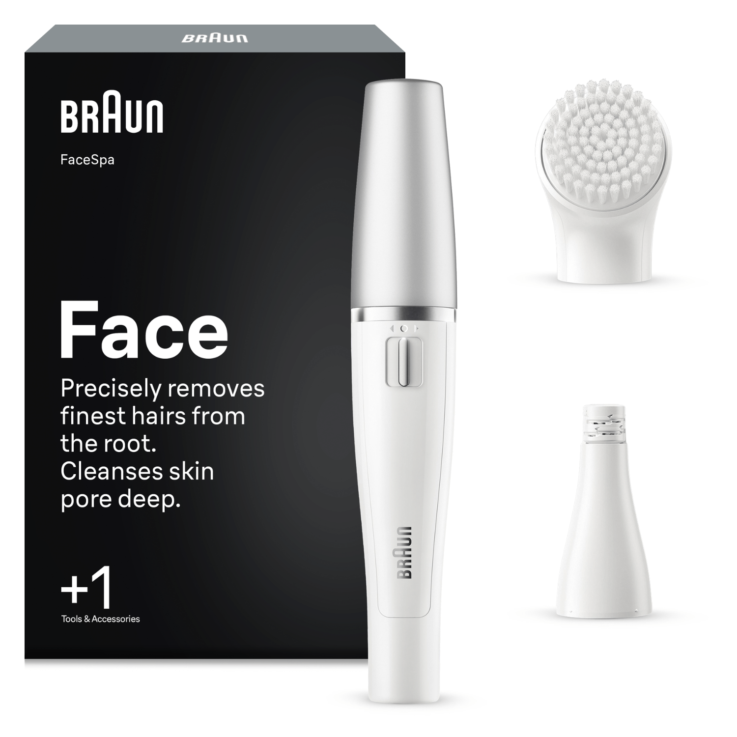 Epilador y cepillo de limpieza facial Braun FaceSpa con empaque y accesorios.