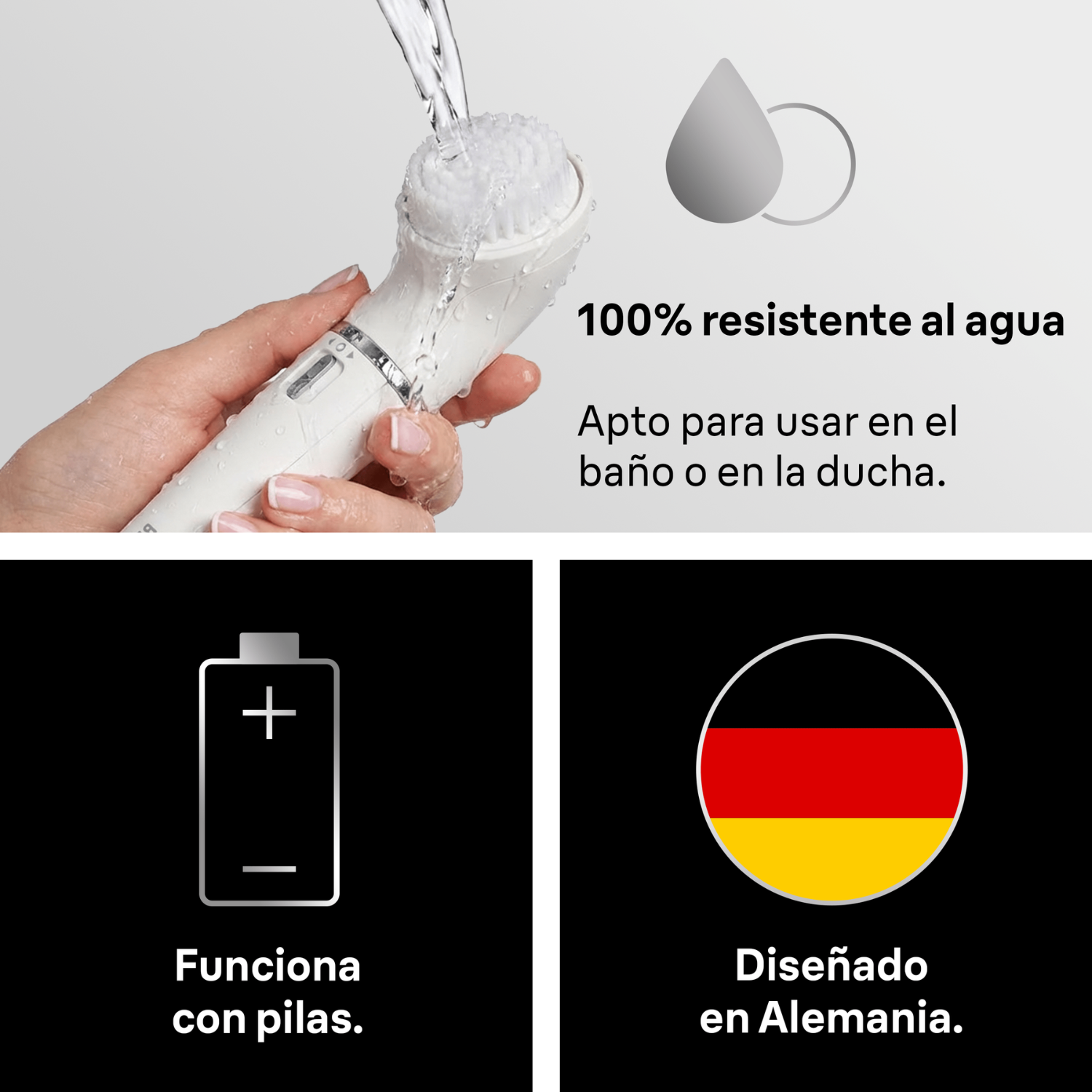 100% resistente al agua. Apto para usar en el baño o en la ducha. Funciona con pilas. Diseñado en Alemania. 