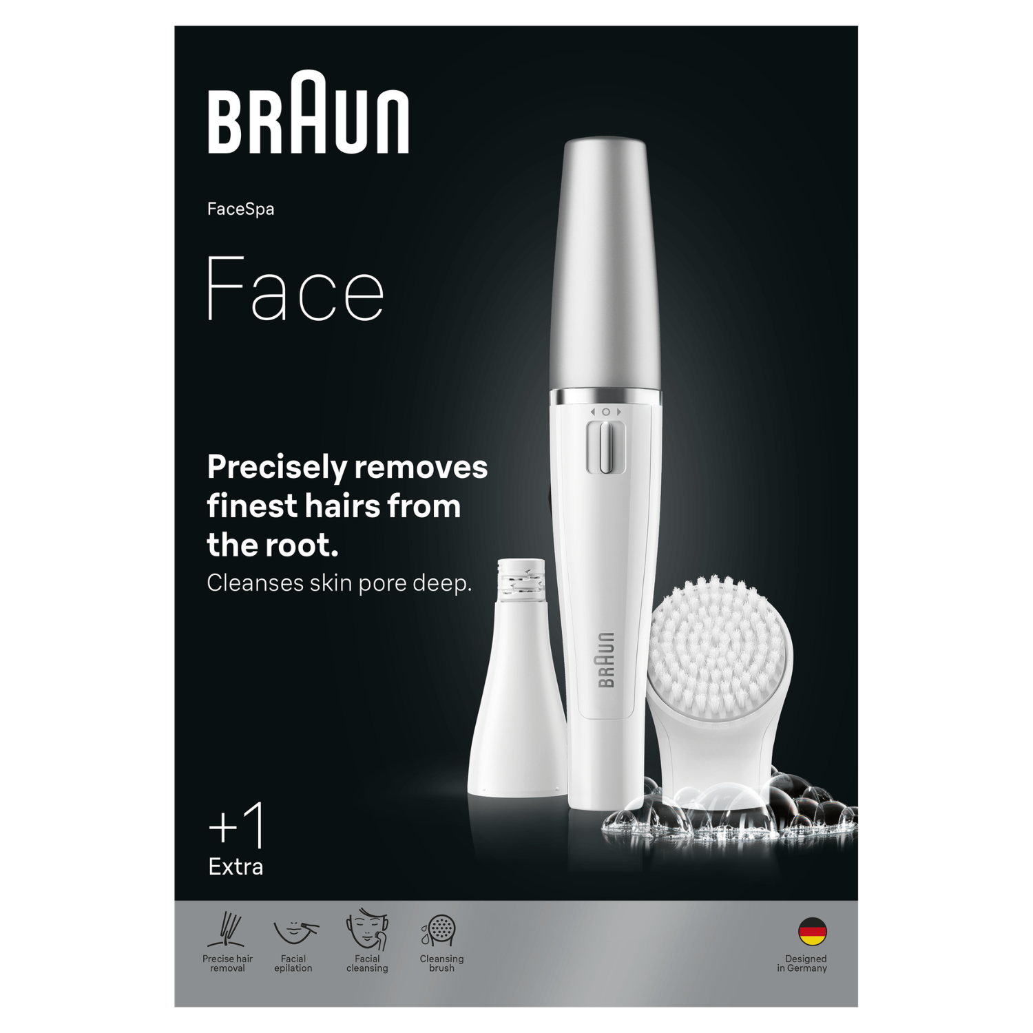 Dispositivo Braun FaceSpa con accesorios de depiladora y cepillo limpiador sobre fondo negro con texto.
