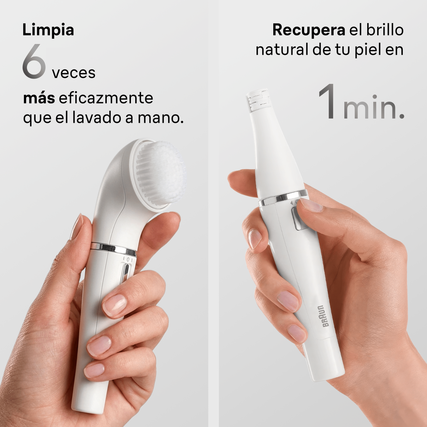 Limpia 6 veces más eficazmente que el lavado a mano. Recupera el brillo natural de tu piel en 1 min. 