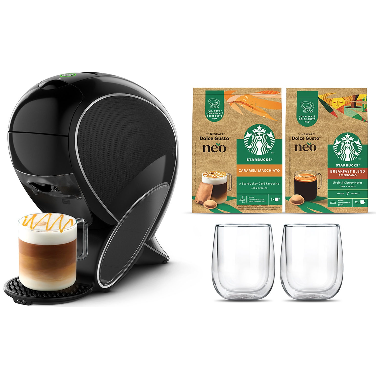 Black coffee machine with cup, two coffee packs, and two empty glasses on white background.