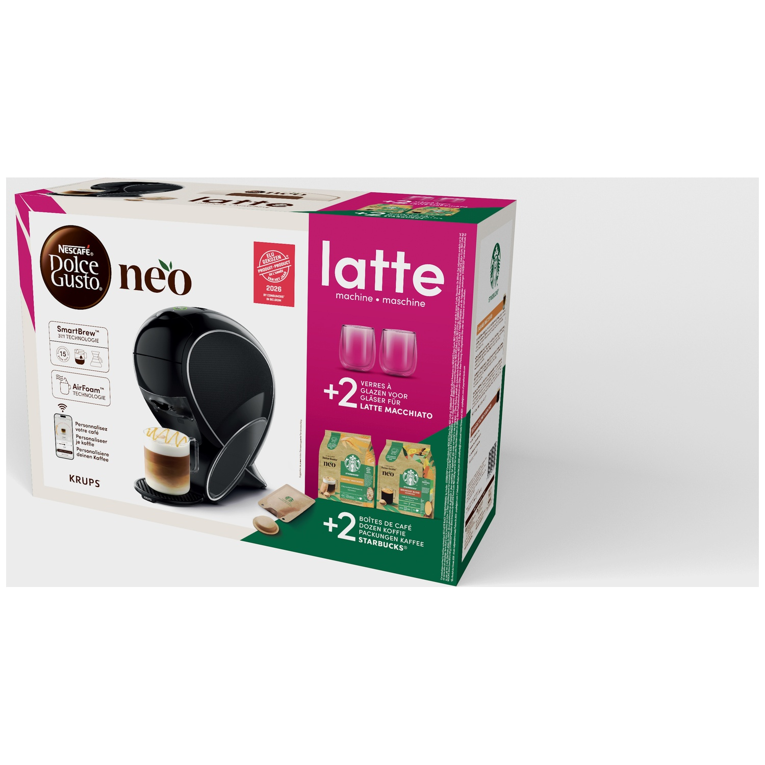 Nescafe Dolce Gusto Neo latte machine box with coffee maker, two glasses, and two coffee packs on white background.