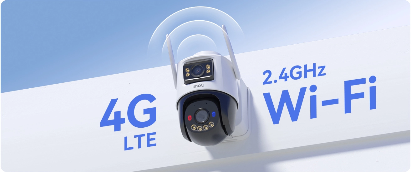 Vízálló biztonsági kamera falra szerelve 4G LTE és Wi-Fi ikonokkal.