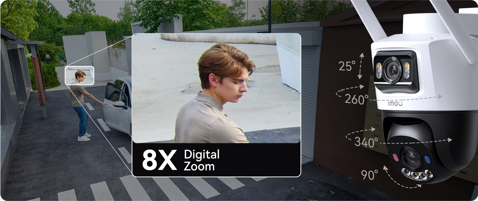 Kétlencsés biztonsági kamera 8x digitális zoommal, egy fiatal férfit mutat egy autó mellett.
