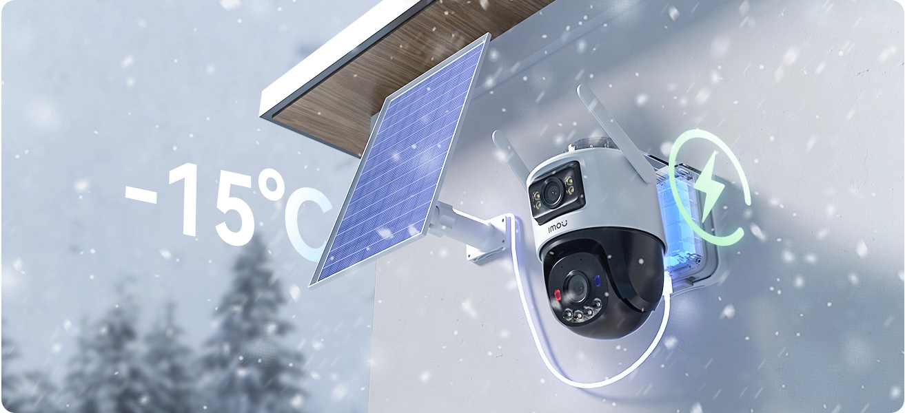 Biztonsági kamera és napelem havas falon, -15°C felirattal és energiát jelző ikonnal.