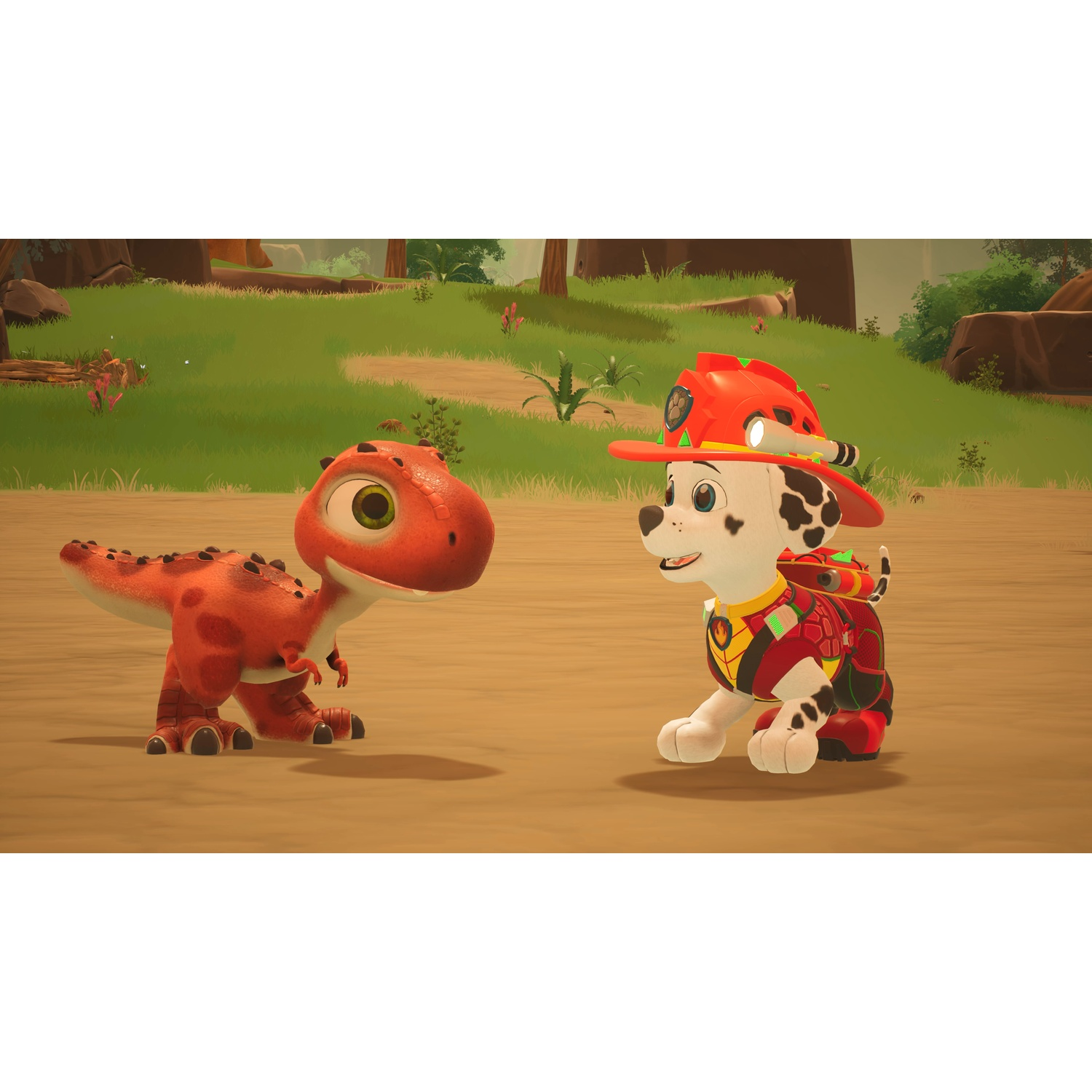 Een rode dinosaurus en Marshall van Paw Patrol staan in een heuvelachtig landschap.