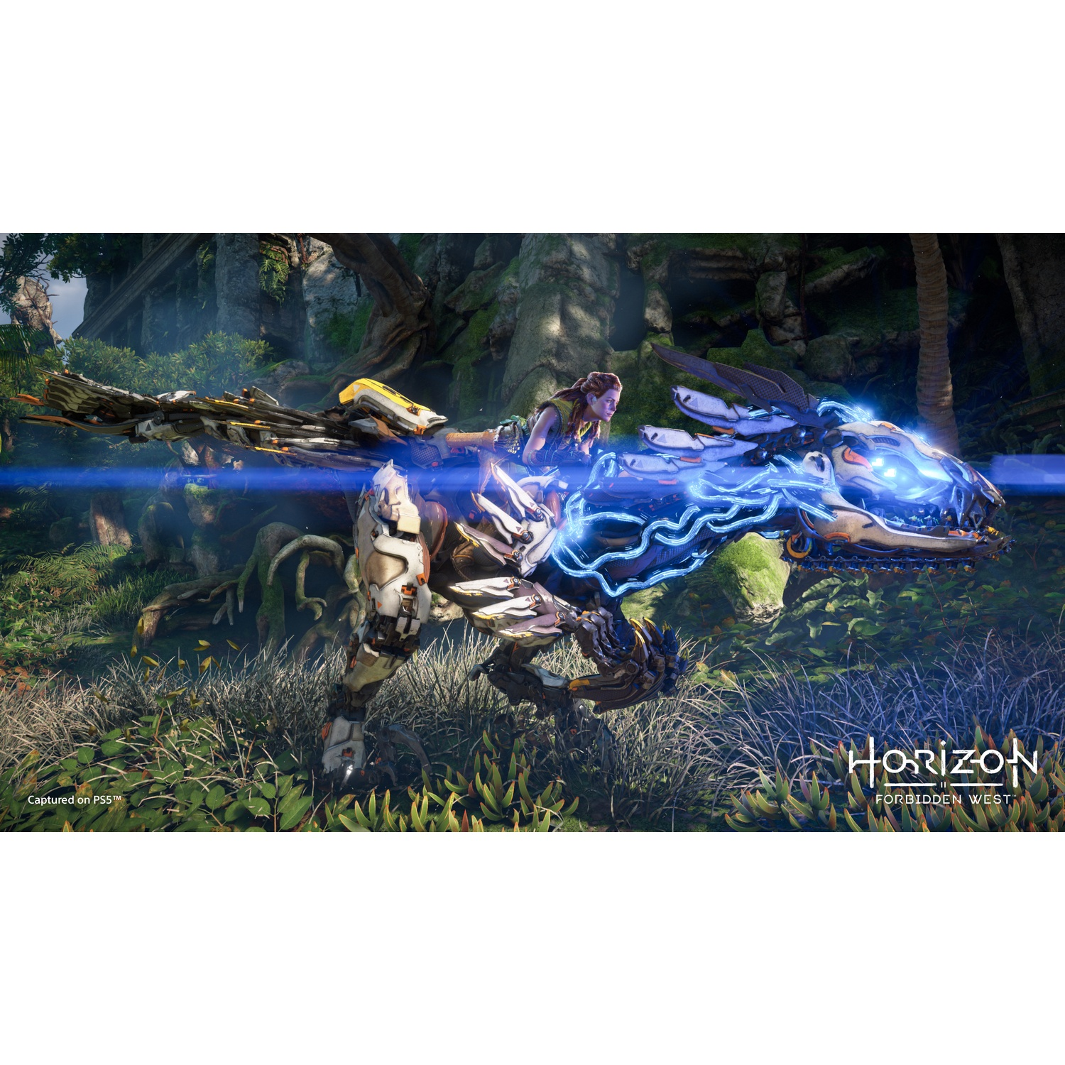 Een vrouw rijdt op een gloeiend blauw robotwezen in de jungle uit Horizon Forbidden West.