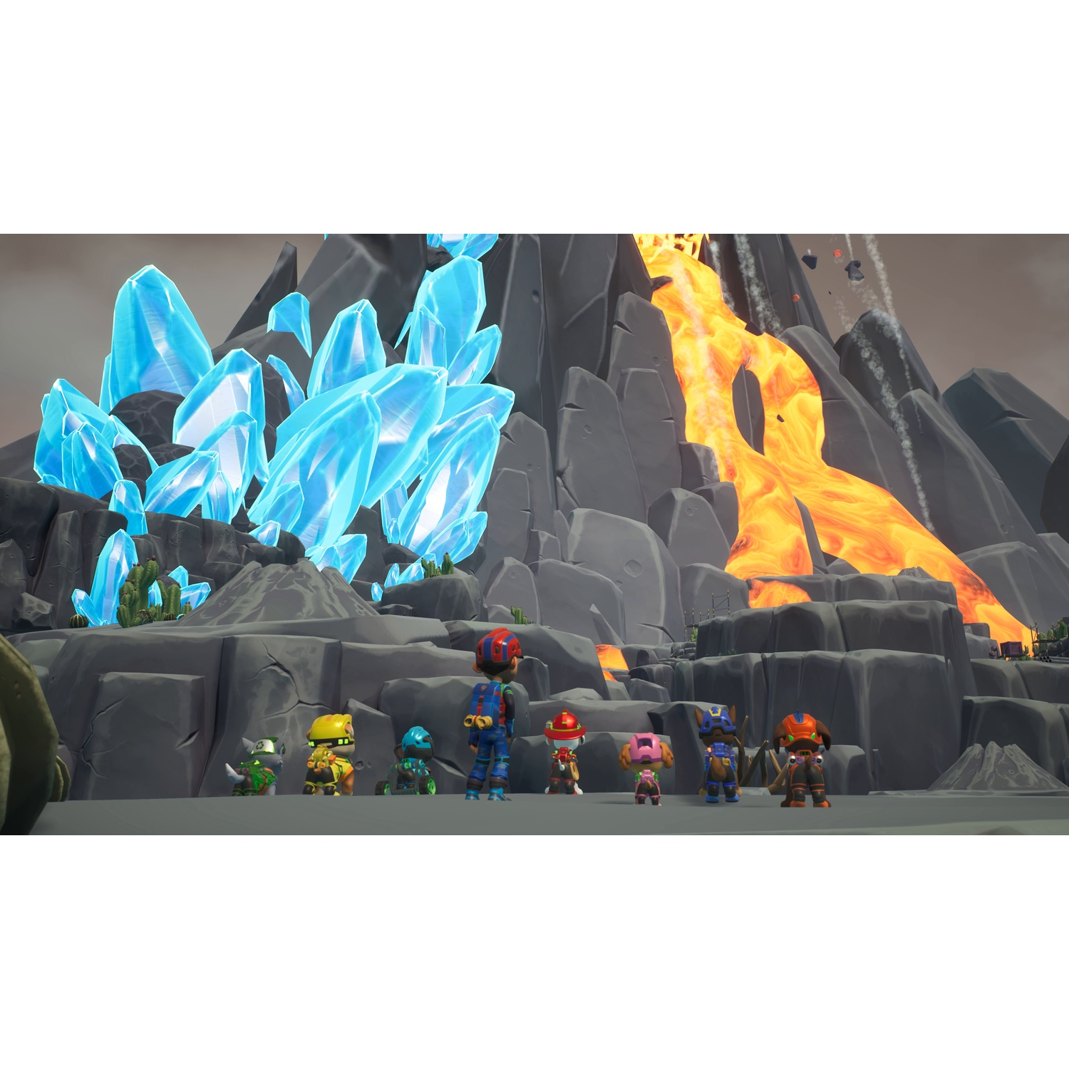 Een team kijkt naar een rotsachtig vulkaanlandschap met blauwe kristallen en lava.