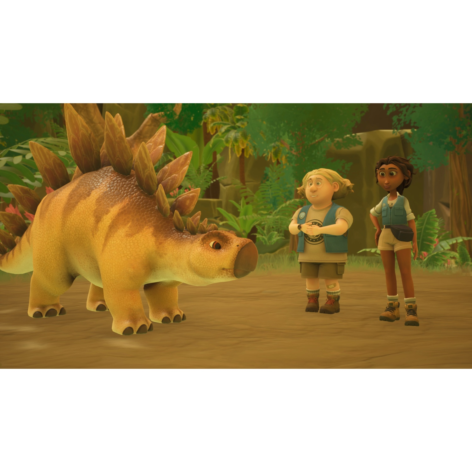 Een geanimeerde Stegosaurus staat op zandgrond naast twee personages in junglekleding.