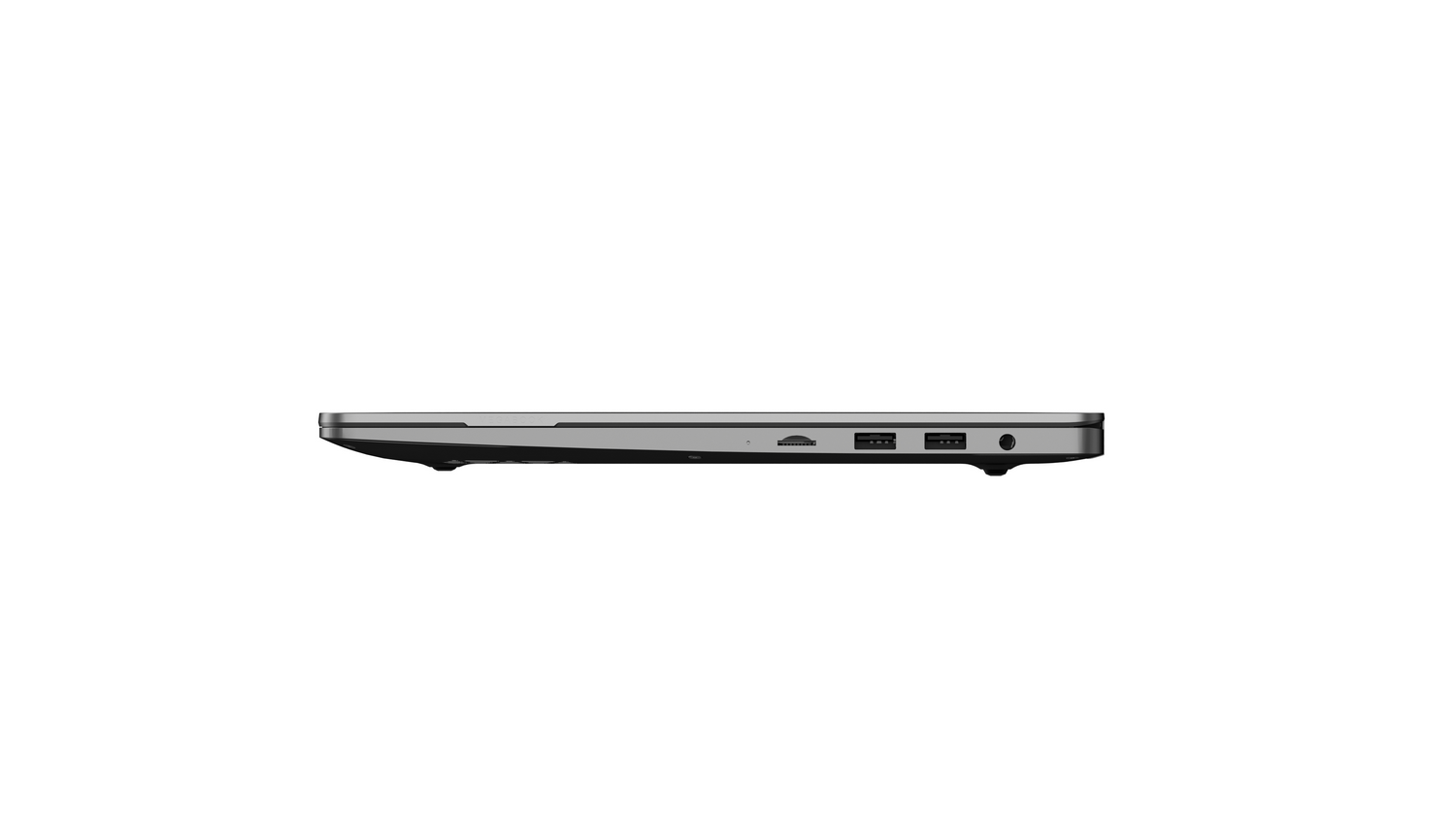 Vista lateral de un portátil gris oscuro delgado que muestra puertos USB, lector de tarjetas y conector de audio.