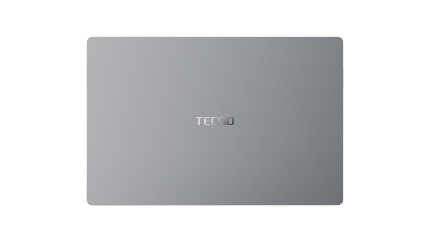 Portátil gris cerrado con el logotipo de Tecno centrado sobre fondo blanco.