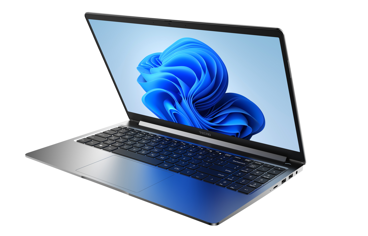 Un portátil plateado con teclado negro y un fondo de pantalla azul en la pantalla.