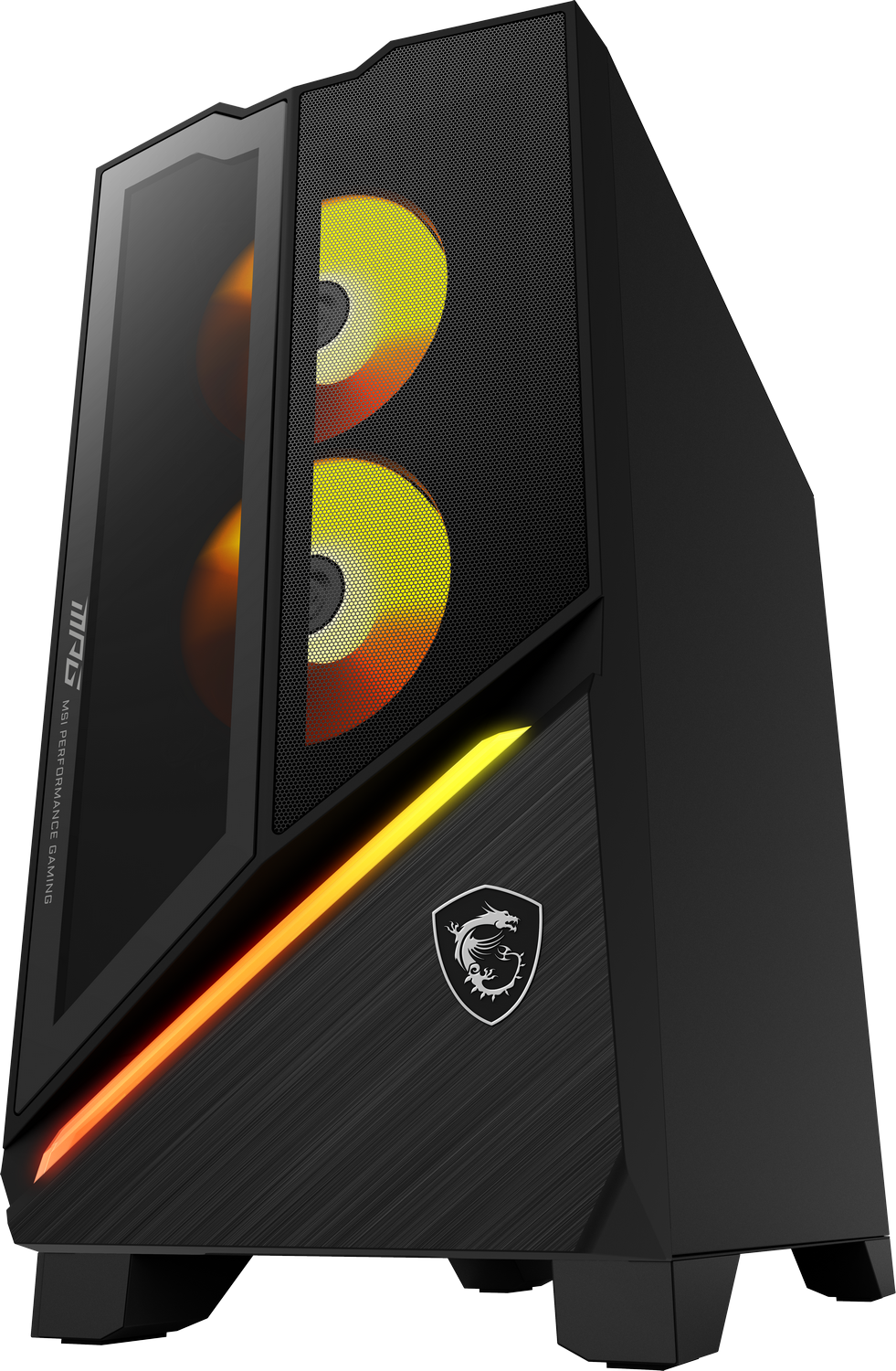 Gabinete de PC para juegos MSI negro con ventiladores iluminados en naranja y logotipo sobre fondo negro.