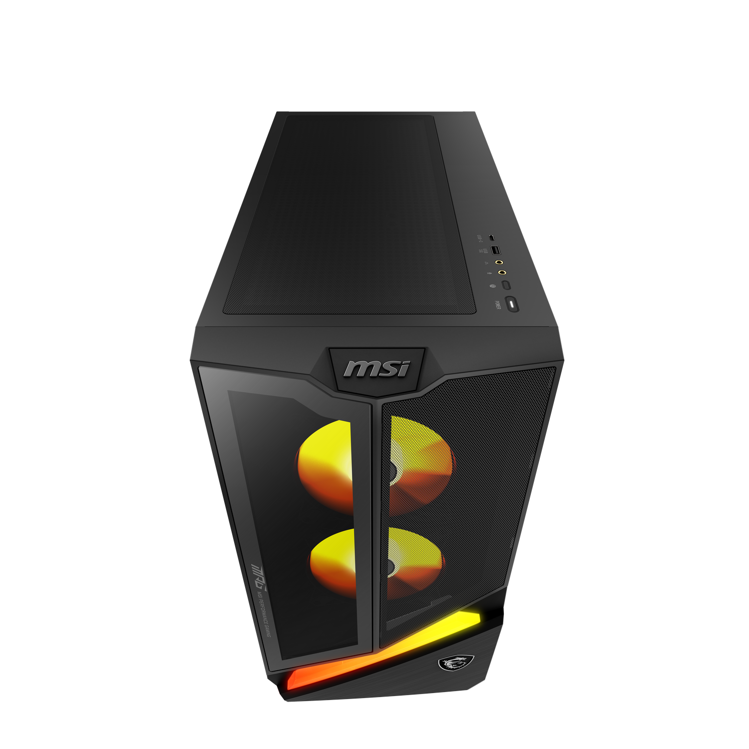 Gabinete de PC MSI negro visto desde arriba, con ventiladores amarillos y naranjas brillantes.