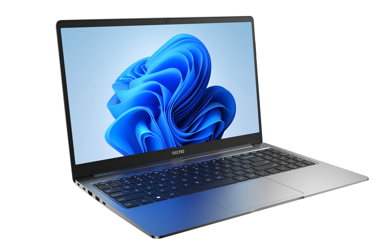 Una laptop plateada con teclado negro y un fondo de pantalla abstracto azul.