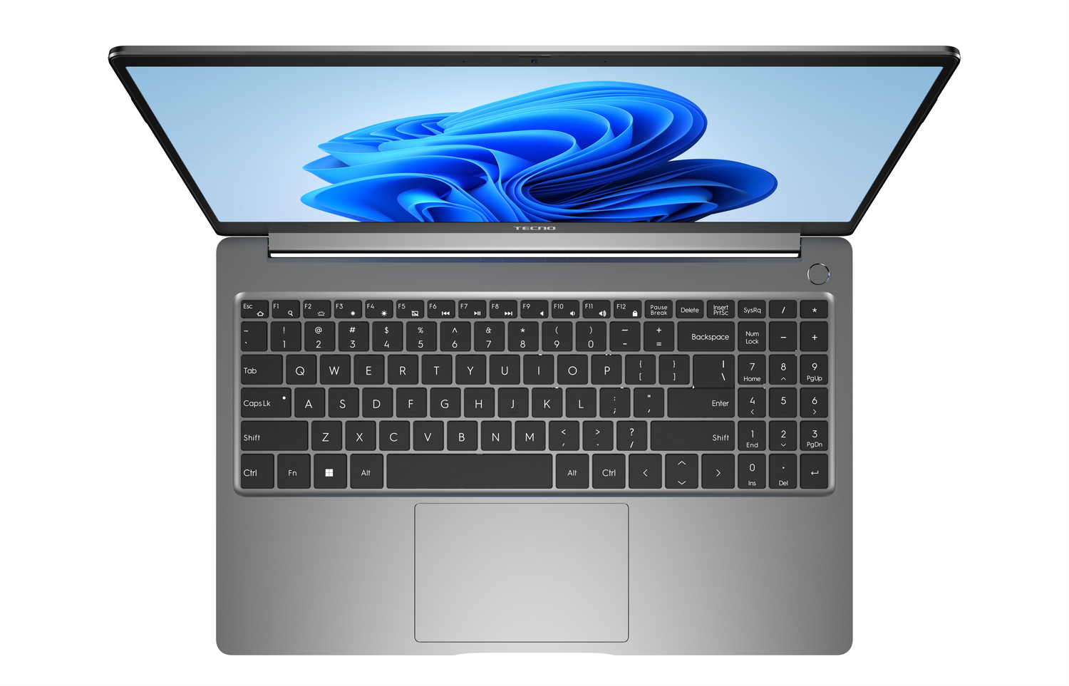 Vista superior de un portátil gris con pantalla azul y teclado completo.