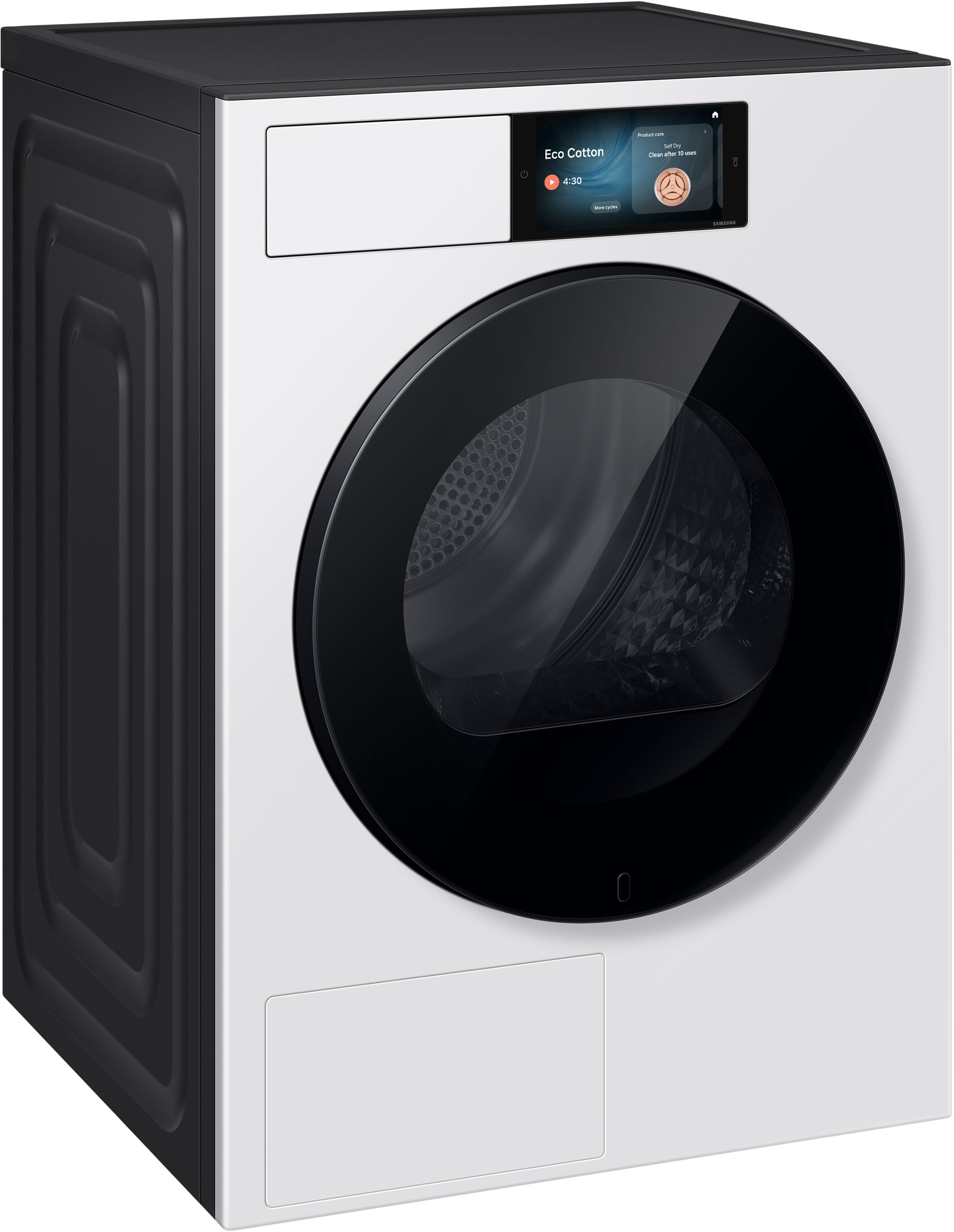 Moderne weiße Waschmaschine mit schwarzer Glastür und einem digitalen Display oben.