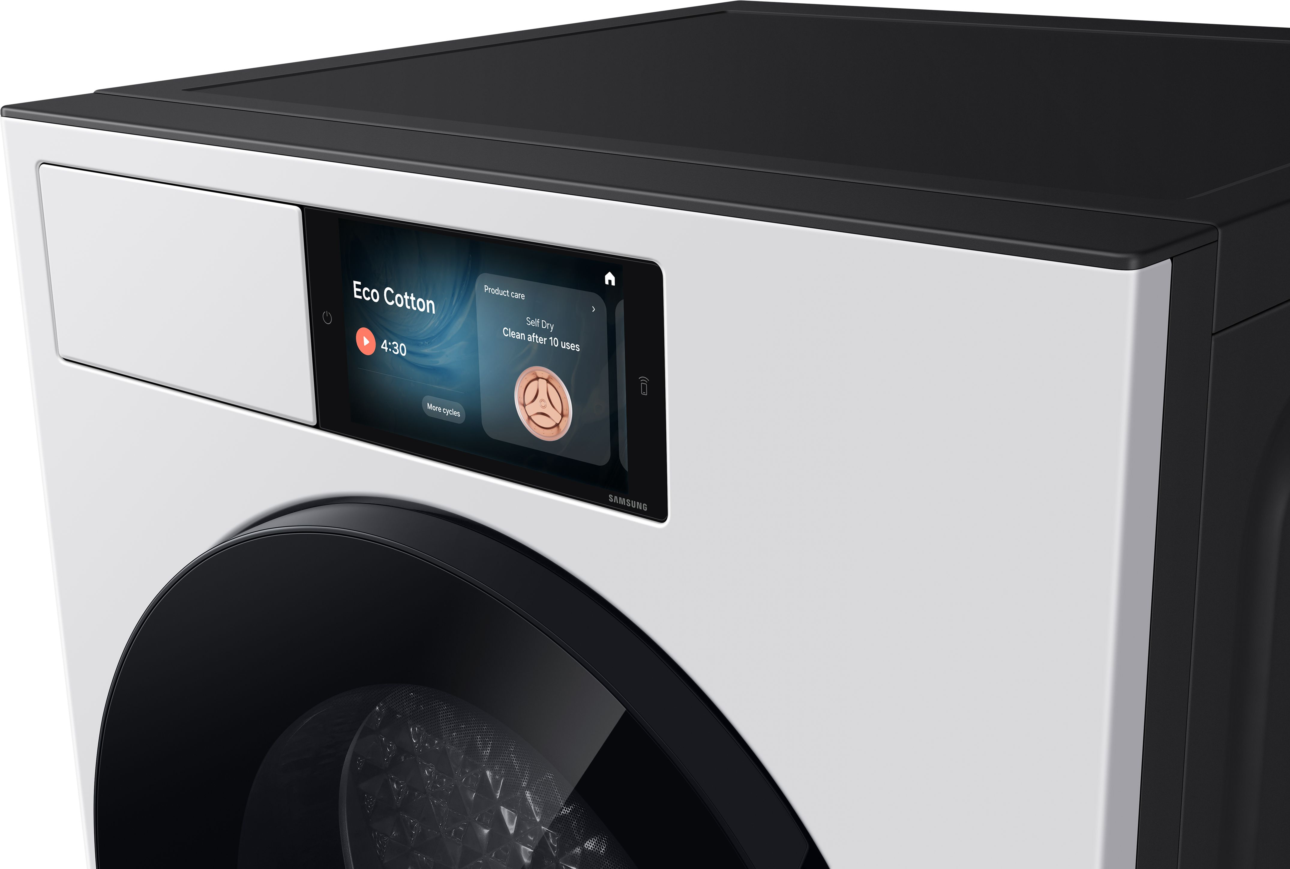 Moderne schwarz-weiße Waschmaschine mit digitalem Touchscreen-Display.