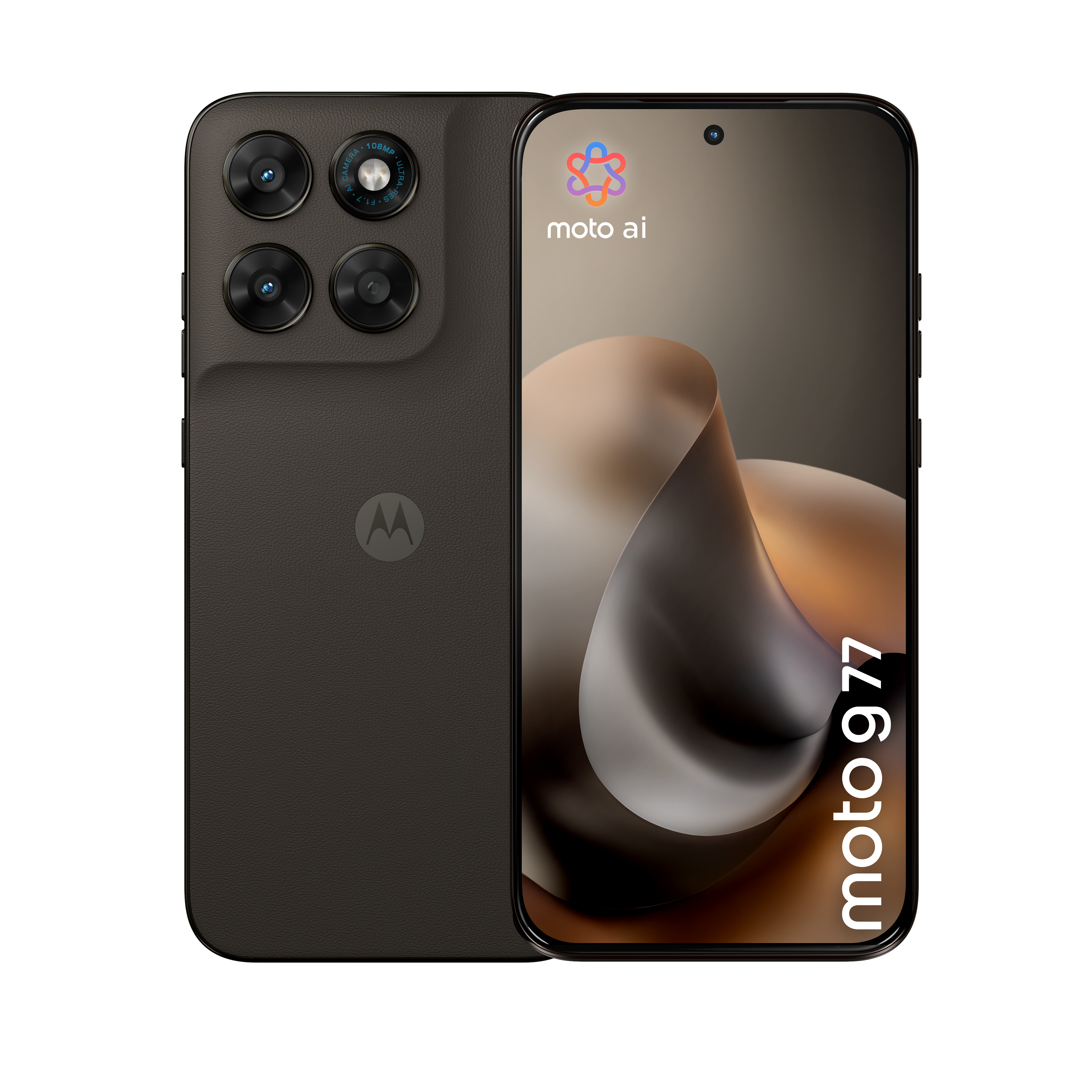Front- und Rückansicht eines schwarzen Moto 977 Smartphones mit vierfach Kamera und moto ai Logo.