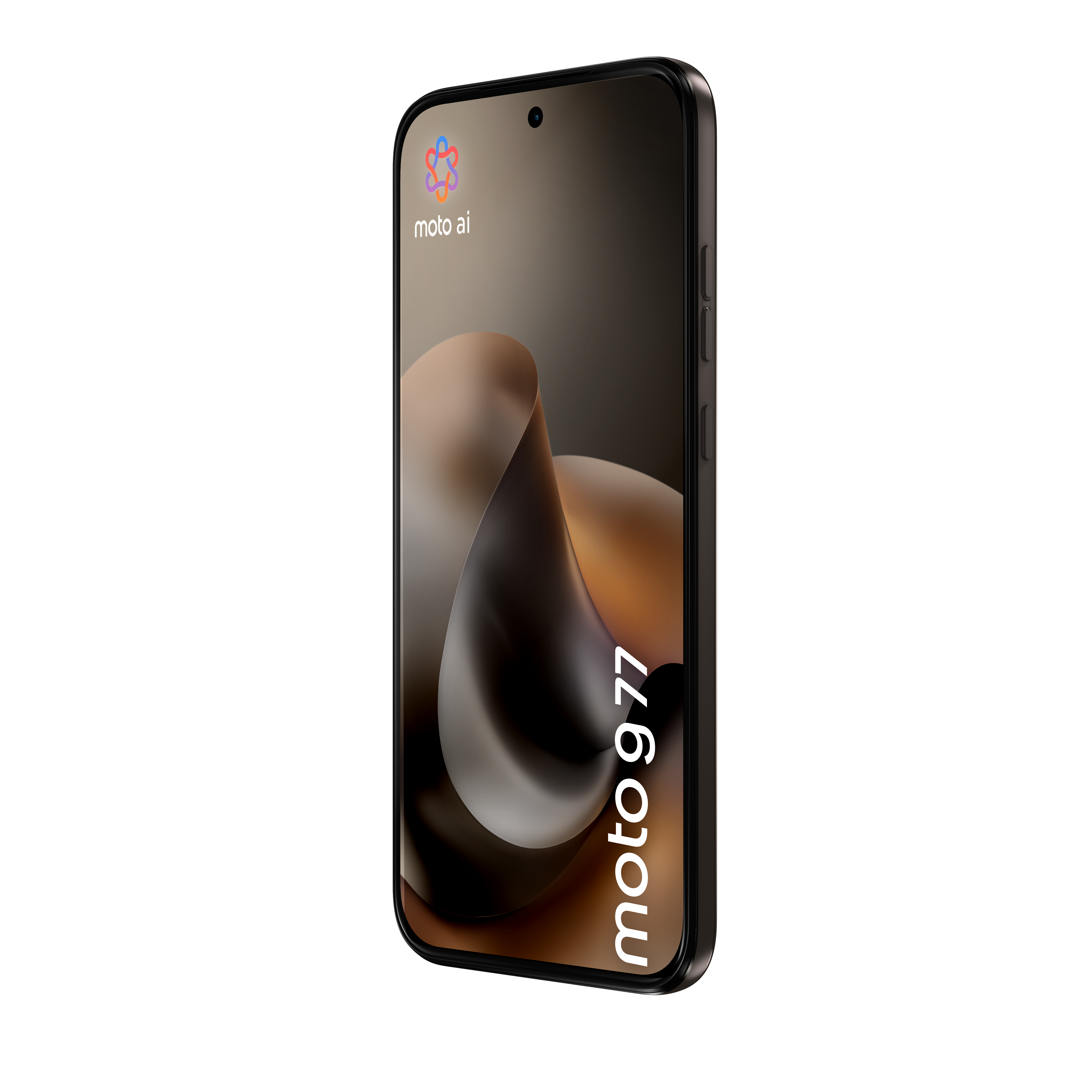 Ein schwarzes Smartphone mit abgerundetem Display, dem Schriftzug moto 977 und moto ai auf einem abstrakten Hintergrund.