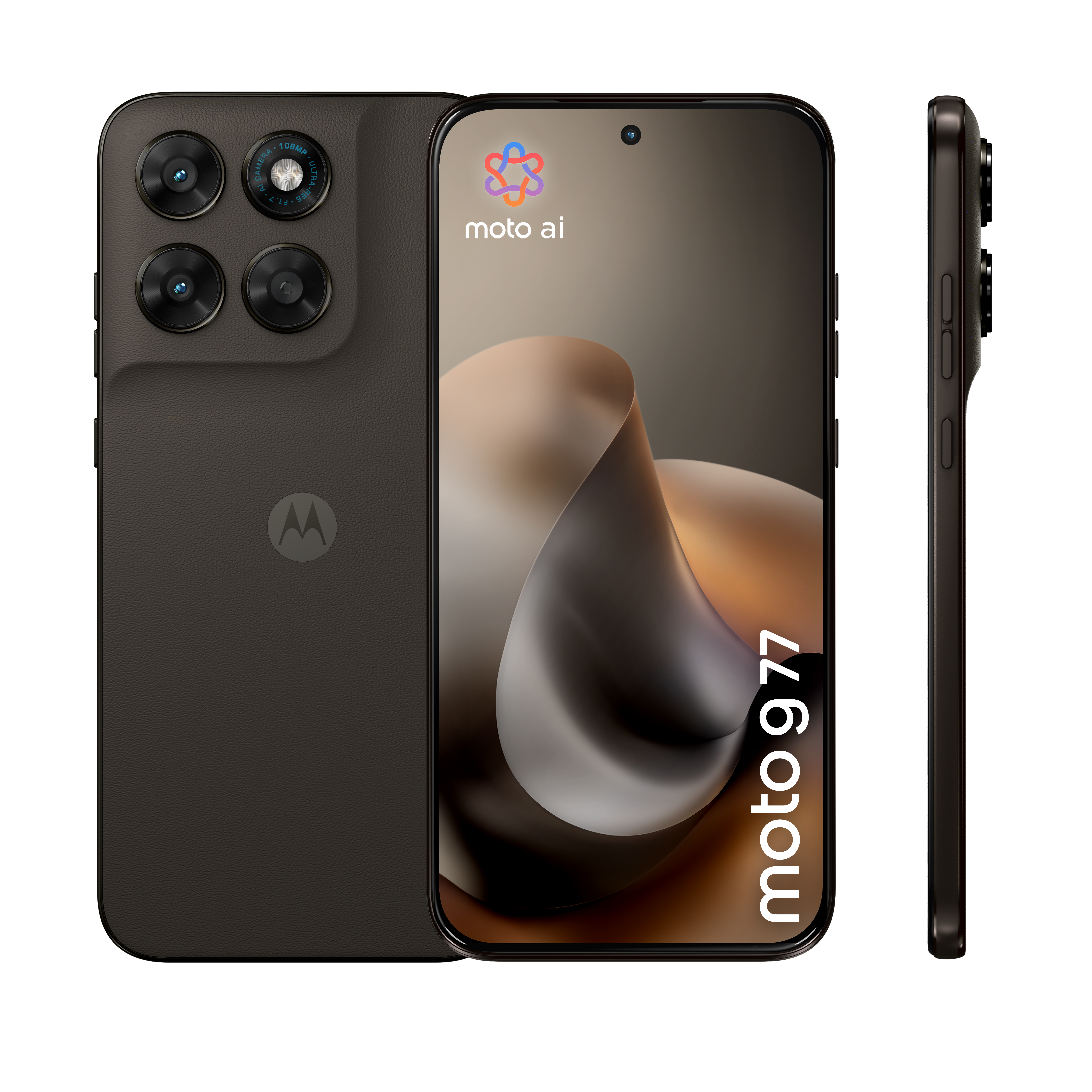 Drei Ansichten des Motorola moto 977 Smartphones in Schwarz mit Vierfach-Kamera und geschwungenem Display.