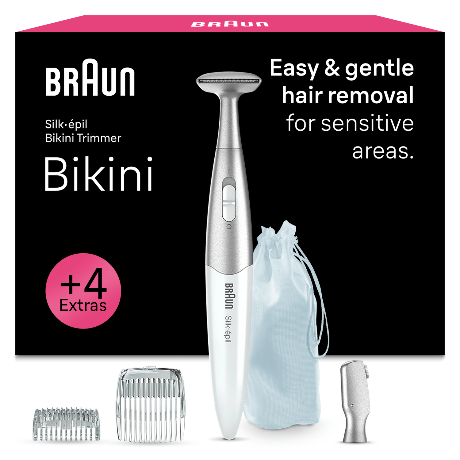 Recortadora de bikini Braun Silk-épil con accesorios y bolsa sobre fondo de embalaje negro y rosa.