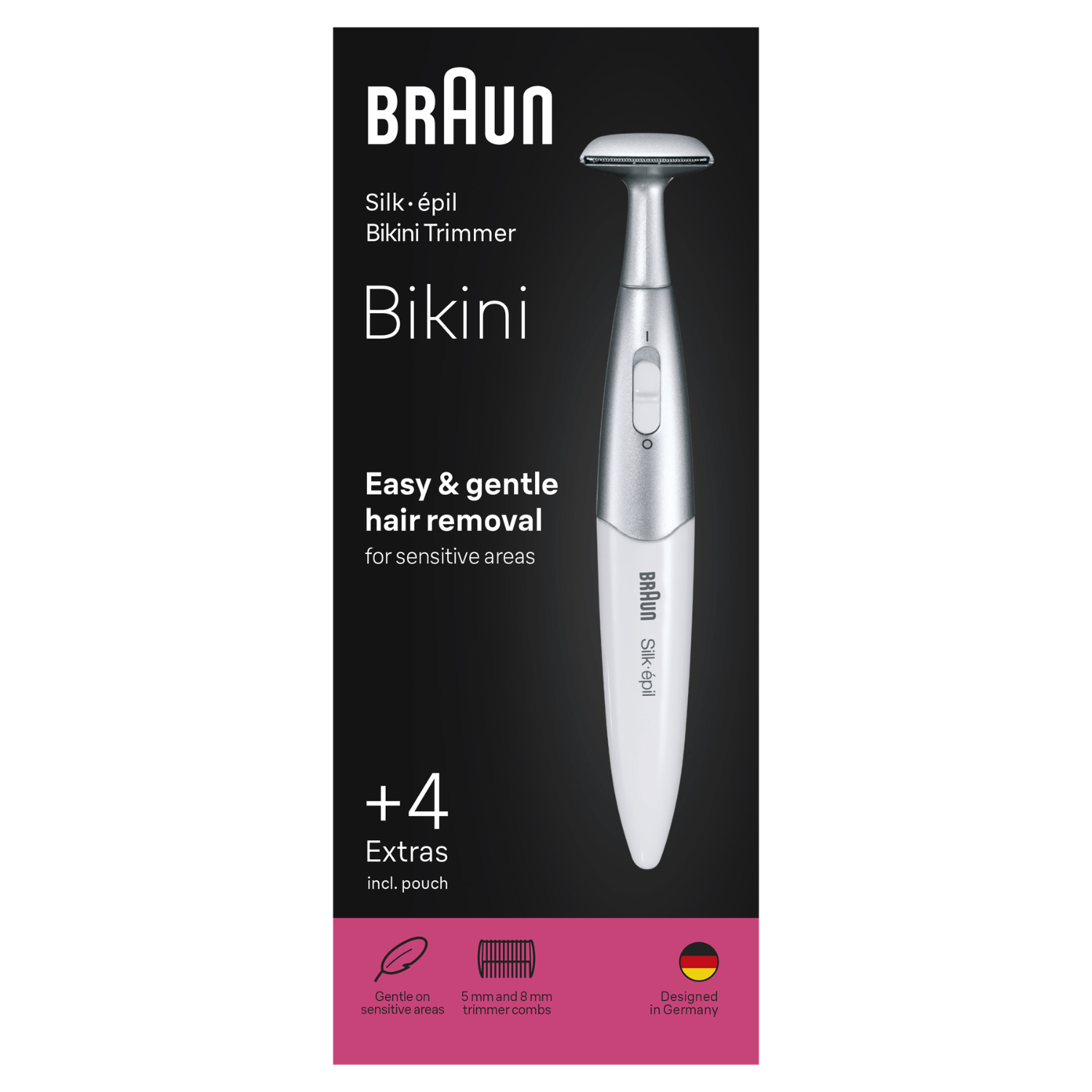 Recortador de bikini Braun Silk-épil en blanco y plata sobre fondo negro con texto e iconos.
