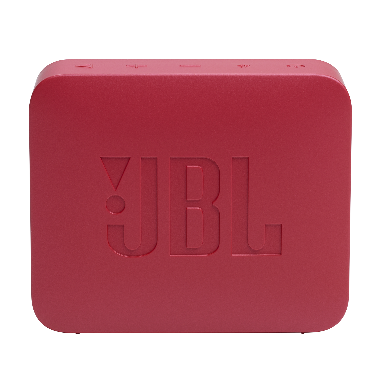 Siyah arka plan üzerinde, yuvarlatılmış köşelere ve ön tarafında kabartmalı bir JBL logosuna sahip kırmızı JBL hoparlör.