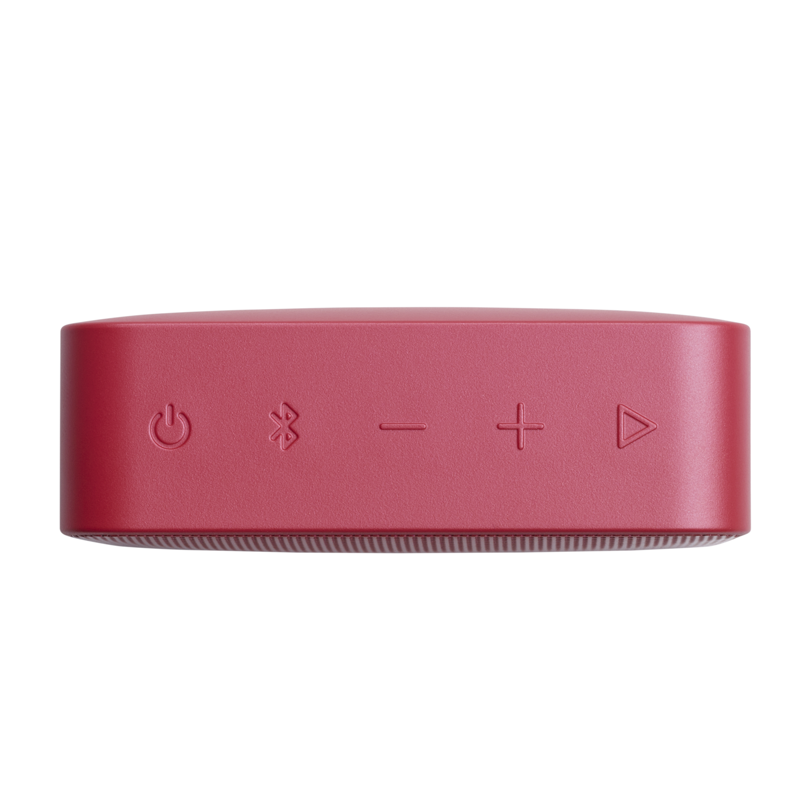Siyah arka plan üzerinde güç, Bluetooth, ses ve oynatma düğmelerini gösteren kırmızı bir Bluetooth hoparlörün üstten görünümü.