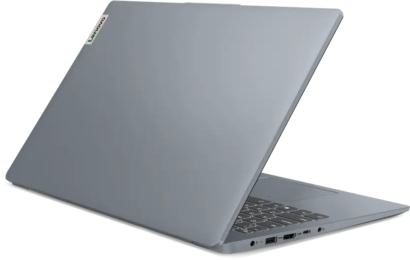 Szürke Lenovo laptop fekete háttér előtt elforgatva, látható billentyűzettel és portokkal.