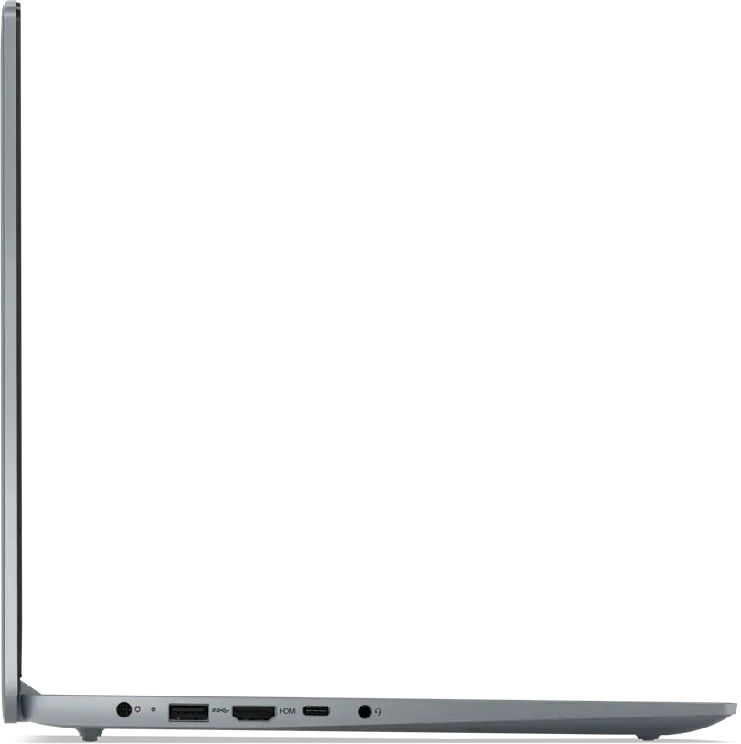 Egy ezüst laptop oldalsó nézete fekete háttér előtt, különböző portokkal.