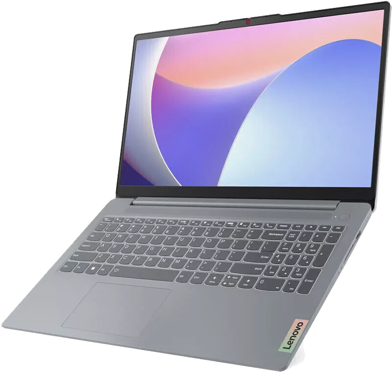 Egy szürke laptop nyitott képernyővel absztrakt színeket mutat. A billentyűzet numerikus paddal rendelkezik.