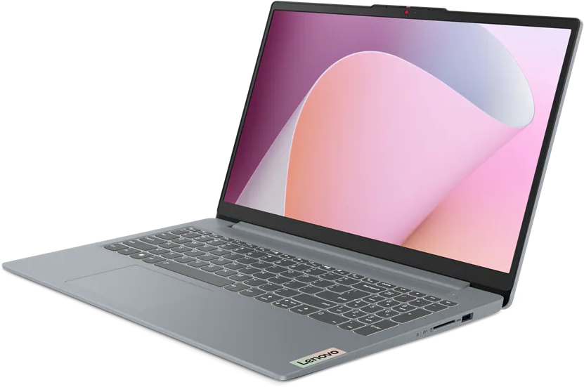 Egy szürke Lenovo laptop nyitott képernyővel, rózsaszín absztrakt háttérképpel, fekete háttér előtt.