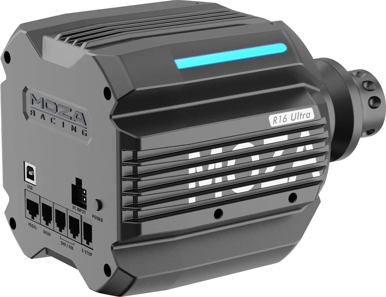 Fekete Moza Racing R16 Ultra direkt hajtású kormánymű kék LED csíkkal és hátsó csatlakozókkal.